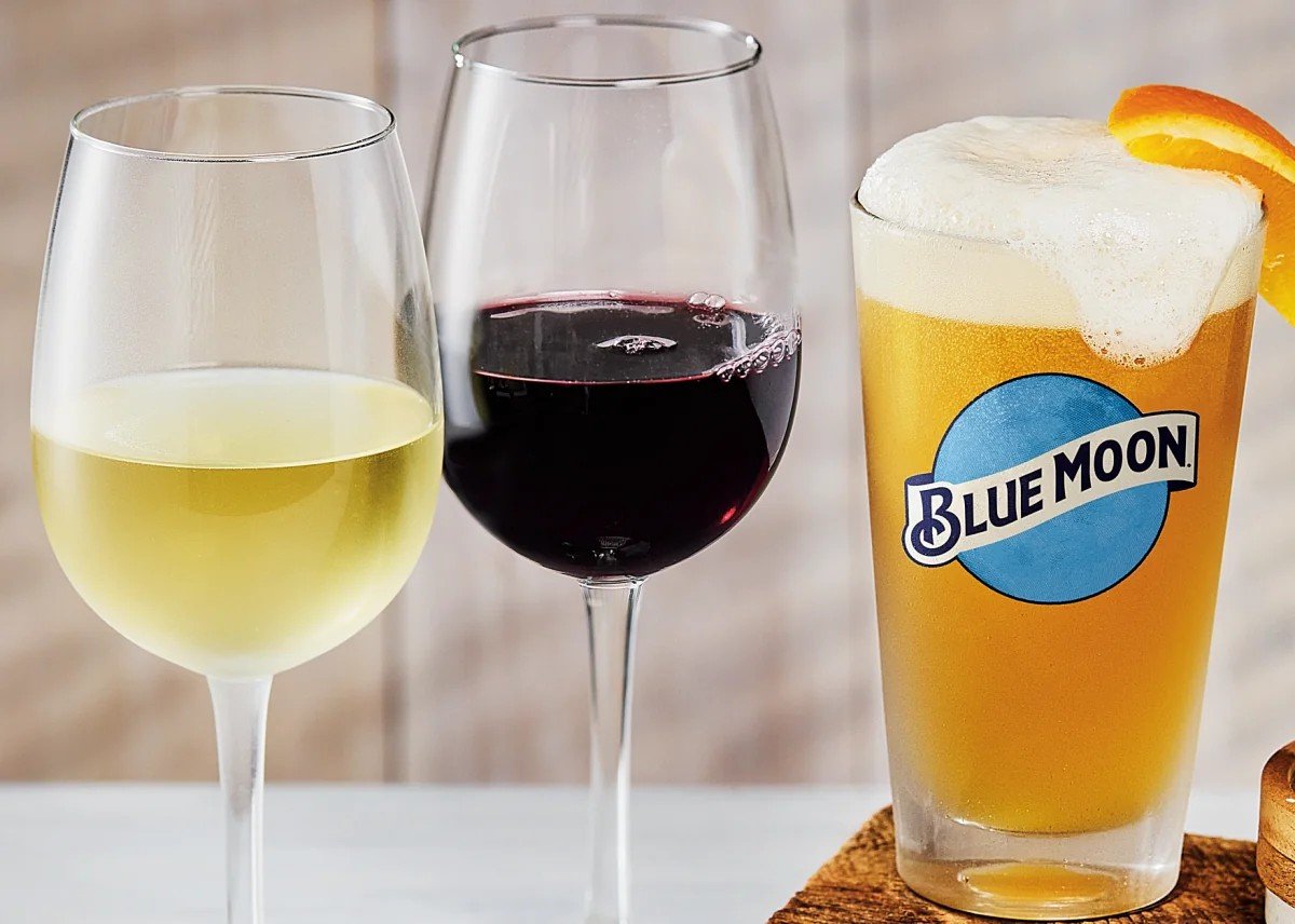 White wine, red wine and a Blue Moon beer