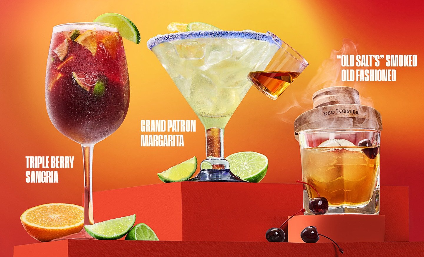 Triple Berry Sangria, Grand Patron Margarita, and Old Salt's Smoked Old Fashioned