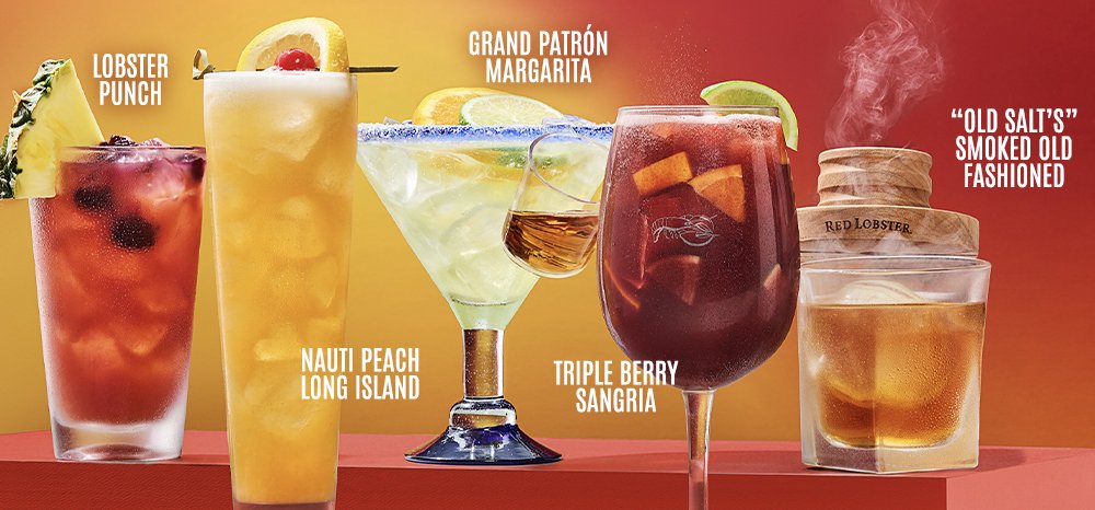 Lobster Punch, Nauti Peach Long Island, Grand Patrón Margarita, Triple Berry Sangria and Old Salt's Smoked Old Fashioned